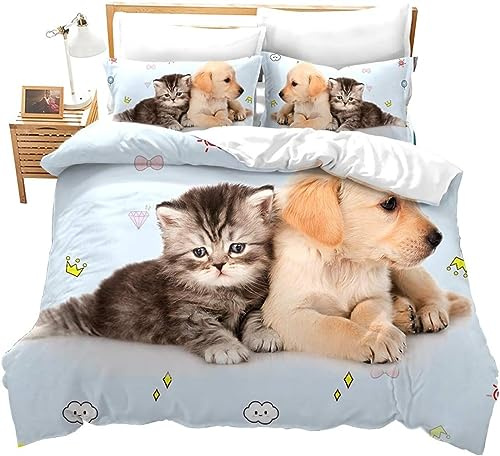 SIVAGA Housse de Couette 220x240 Les Chats Et Les Chiens Animal, Parure de Lit Adulte 2 Personnes en Microfibre Douce Imprimée en 3D avec 2 Taies d'oreiller avec Fermeture Éclair