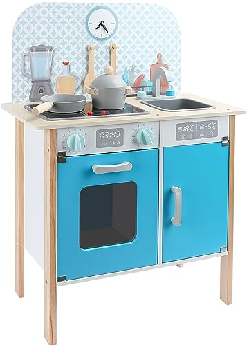 Leomark Träkök för barn med kökstillbehör, mått: 60 x 29,5 x 81 cm, rollspel låtsaset för matlagning, kökslekset för barnens för hem, skola och dagis, lekkök av trä Menfi blå