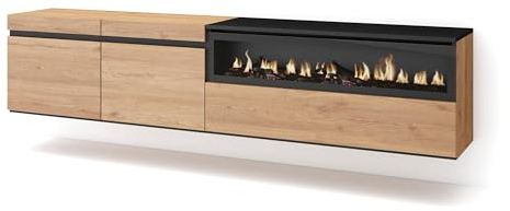 Skraut Home | Mueble TV | Televisión | Muebles de salón, almacenaje | 200x45x35cm | para TV hasta 80 | Chimenea eléctrica | Colgado, Suspendido | Estilo Moderno | Roble y Negro