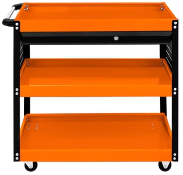 Tool Storage Tolley 3 Tier Portable Cart Roller Cabinet Lockable Drawer 2 Keys 4 Castor Wheels Handle 2 Hanging Boards 6 Hooks 150kg Capacity Workshop Garage Utility DIY Heavy Duty Powder Coated Steel