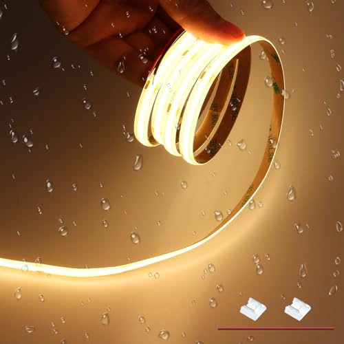 JOYLIT 6M Ruban LED COB 24V 3000K Blanc Chaud IP65 Étanche 320LEDs/M, CRI 93+ Sans Point 8MM Autocollante Découpable Bande LED pour Chambre, Armoires, Camion (Sans Alimentation)