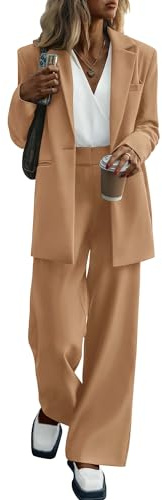 KIRUNDO Women Suits 2 Piece Set Business Casual Dressy Oversized Blazer Jacket and Wide Leg Dress Pantsuits Formal Outfits(Khaki, Large)