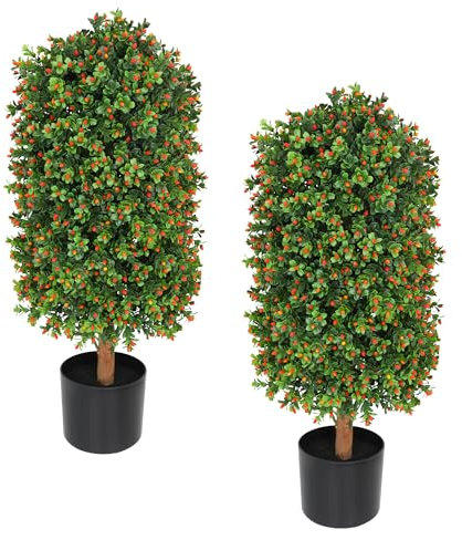 LUWENER Künstliche Formschnitt-Kugelpflanzen, Buchsbaumkugel im Topf mit orangefarbenen Früchten, künstliche Orangenbeeren für die Haustür, Heimdekoration, Garten, Hochzeitsdekoration, 2 Stück