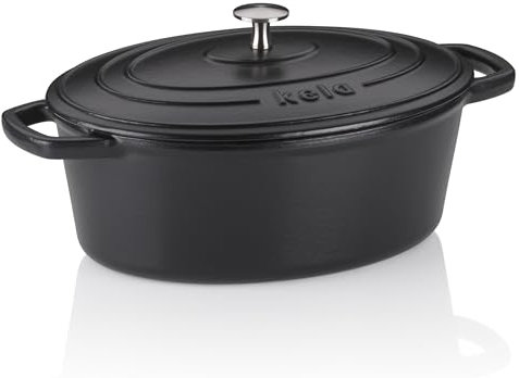 kela Casseruola ovale in ghisa 4 litri, forno olandese Calido per cottura a induzione con coperchio, pentola in ghisa per cuocere il pane, smaltato, nero