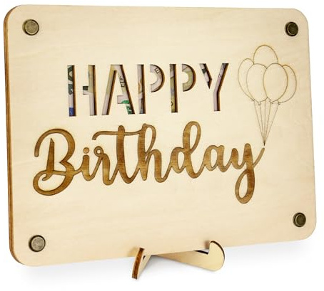 TAKULA Geburtstag Spardose Holz Geldgeschenk Aufbewahrung - Happy Birthday | Geburtstagskuchen-förmige Holzspardose mit Münzeinwurf. Für Geldgeschenke zum Geburtstag. Robustes Holz