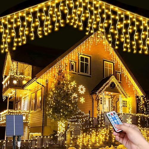 Hulaiyaa Solare Eiszapfen Lichter, 3M Solar Lichterkette Weihnachtsbeleuchtung mit Fernbedienung, 16 * 0.8M 128LEDs Wasserdicht Solar Lichterkette Deko für den Courtyard Garden Street Park