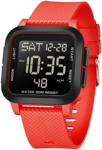 findtime Digitaluhr Herren Große Ziffern Armbanduhr Herren Damen Digital LED Sportuhr Eckig 5ATM Wasserdicht 12/24H Zwei Zeitzonen Outdoor Countdown Uhr Sport Armbanduhren Jungen Military Watch