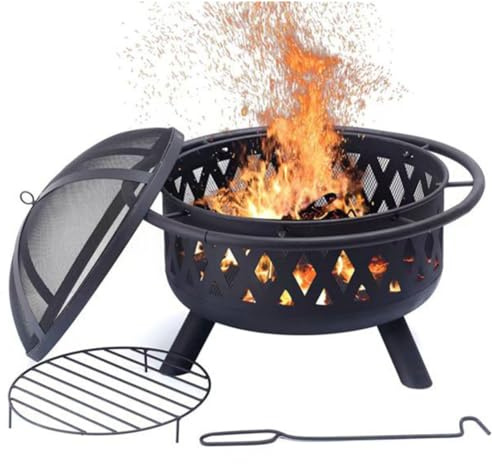 Feuerschale Große Feuerstelle mit Funkenschutz, Schürhaken und Runder Abdeckung Feuerkorb mit Grillrost BBQ Feuerstelle Outdoor für Terrasse, Hinterhof, Picknick, Garten,