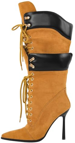 Richealnana Women's Double Lace Pointed Toe Stiletto High Heel Lace Up Strappy Knee High Boots Sexy Shoe Lace Slim Heel Fashion Cool Biker Cosplay Tall Boots Yellow US 10