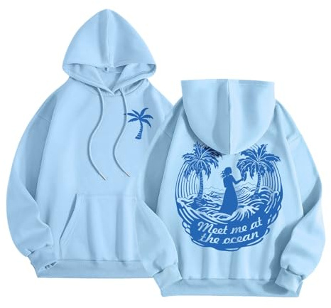 FAEXUM Pink Pom Puff Hoodie for Teen Girls Graphic Hoodie Cute Preppy Sweatshirt Long Sleeve Drawstring Tops With Pockets, 06 Light Blue, S