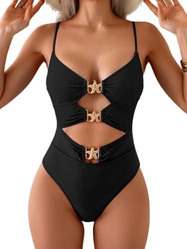 Eomenie One Piece Swimsuit for Women Cutout Monokini Sexy Bathing Suit Metal Swim Suit, Black and Golden Metal, Large