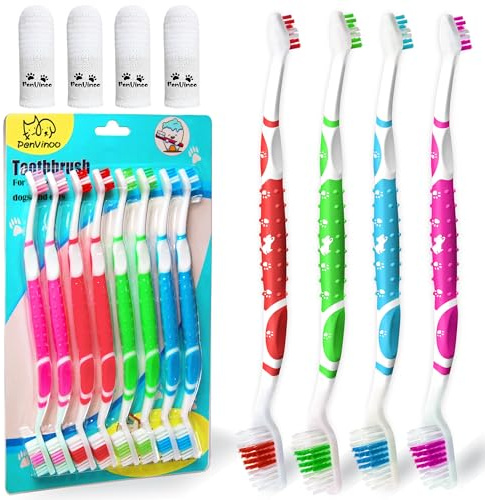 PenVinoo Dog Toothbrush pet Toothbrushes Finger Toothbrush Small to Large Dogs with Soft Bristles Non Slip Dual Head (8 pcs Dual Head + 4 pcs Finger Tooth Brush)