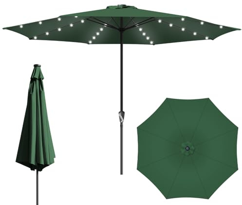 Tubiaz Solar LED Sonnenschirm 350 cm Grün, UV50+ Gartenschirm mit Handkurbel, 40 LEDs, 100% Polyester, 38 mm Mast, 8 Stahlstreben, wasserabweisend, ohne Ständer