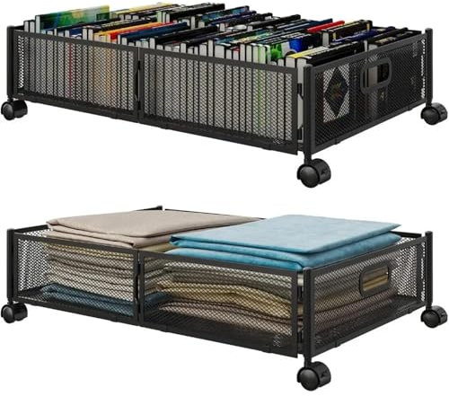 Unterbett-Stapelboxen 2 Stück Bettaufbewahrung mit Rollen unter dem Bett, Aufbewahrungsbehälter, groß, aus Metall, faltbar, platzsparend, Schublade unter dem Bett Für Bettdecken，Kleidung(Black)