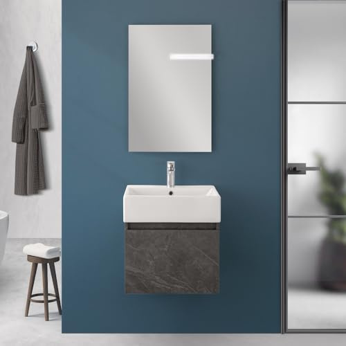 Mobiletto Bagno Sospeso Salvaspazio Da 50 Cm In Legno Nobilitato Pietra Linea Kira Con 1 Anta Dalla Chiusura Soft-Close, Completo Di Specchio 50x60 Cm E Lavabo