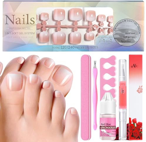 120 Stück Falsche Fußnägel Kit - Französisch Natürliche Künstlich Fußnägel zum Aufkleben, Nude White Gradient Full Cover Toe Nails Tips für Frauen, Fake nails für Nail Art DIY, 12 Größen (Nude)