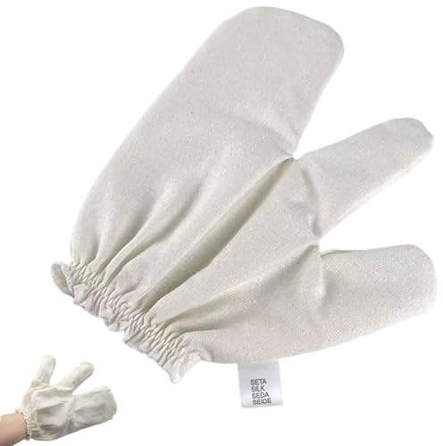 Garshana - Guantes de masaje de seda cruda, guantes de seda cruda Garshana con bandas elásticas para la muñeca, reutilizables para baño exfoliante (1 unidad)