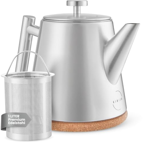 KIMIJO Teekanne mit Siebeinsatz 1 Liter I Edelstahl gebürstet I Warmhalte-Funktion I incl. Korkuntersetzer I Hochwertiger Teebereiter Doppelwandig I Perfekt für losen Tee, Ingwer & Kräuteraufgüsse
