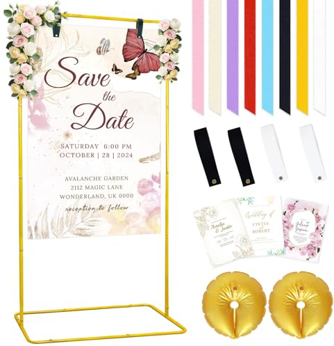 FUHSY Soporte de metal dorado ajustable para letrero de boda, 172 x 81 x 40 cm, caballete de asiento resistente para despedida de soltera, recepción, fiesta, póster