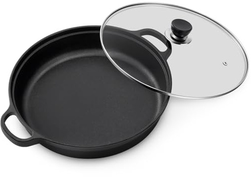 Warmiehomy Cast Iron Griddle Pan 30cm Non-Stick Grill Pan with Glass Lid | Round Pre-Seasoned Grill Pan,BBQ Skillet,Frying Pan with 2 Handles for Gas, Electric, Induction & Oven,Flat Surface