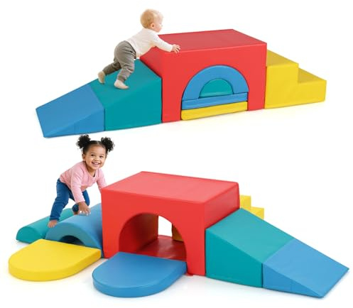 COSTWAY 7 PCS Module Motricité Bébé avec Toboggan & Escalier, Parcours Motricité Bébé en Mousse avec Housse en PU & Bandes Agrippantes, Jouets Éducatifs pour Enfants d'Âge Préscolaire (Rouge)