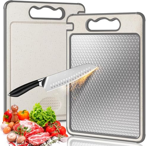 Tabla de Cortar Acero Inoxidable, Grado Alimenticio Tabla de Cortar Titanio, Apto para Lavavajillas, Antideslizante Doble Cara Tablas de Cortars Cocina para Carne Pan Verduras y Frutas, 37 × 25 cm