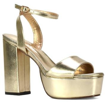 ESSEX GLAM Womens Platform Ankle Strap Sandals Ladies Strappy Block High Heel Gold Party Evening Shoes Size 5