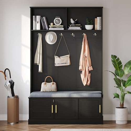 Gxffipw Garderobe Set mit Schuhbank und Schuhschrank, Garderobenset mit Offenen Fächern und Goldener Handgriff, Flurgarderoben Set mit 6 Kleiderhaken und 3 Türen, Flur Möbel, Schwarz, 120x40x191 cm