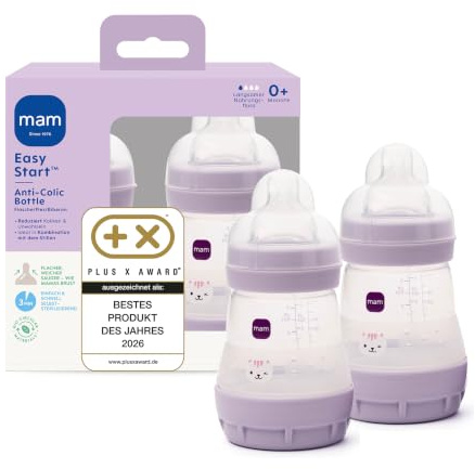 MAM Easy Start Anti-Colic Babyflasche 2x 160 ml, 0+ Monate, Gr. 1, Katze | Selbst-sterilisierend in der Mikrowelle in 3 Min, Anti-Kolik-Bodenventil, brustähnlicher SkinSoft Sauger, ab Geburt