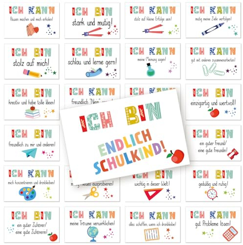 Motivationskarten Tischkarten Schule 24 Stück – Mini-Karten im Visitenkartenformat, Karteikarten mit positiven Botschaften für Kinder, Einschulung, Schulanfang, 8,5x5,5 cm – Logbuch-Verlag