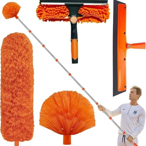 Kit de plumeau télescopique de 6 m – Perche extensible réglable (1,5–4,9 m) pour les grandes portées, tête de brosse de nettoyage en microfibre pour les toits, les fenêtres et le retrait de toile