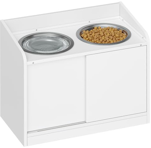 Hzuaneri Erhöhter Hundenapf mit Schiebetür-Aufbewahrung, 2 x 2 L Edelstahlnäpfe, 46 cm Hoch, Futterstation für Mittelgroße Bis Große Hunde, Mattweiß PB88003W