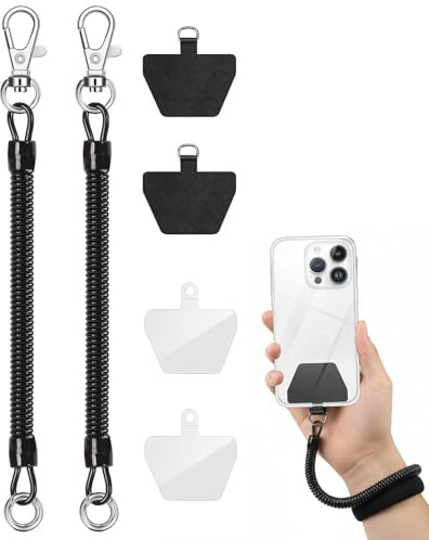 Rnemitery Phone Lanyard, Anti-Theft Coiled Cord Strap with Tether Tab for Most Smartphones, 80cm Extension, Compatible with Full-Cover Cases, Black 2 Pack