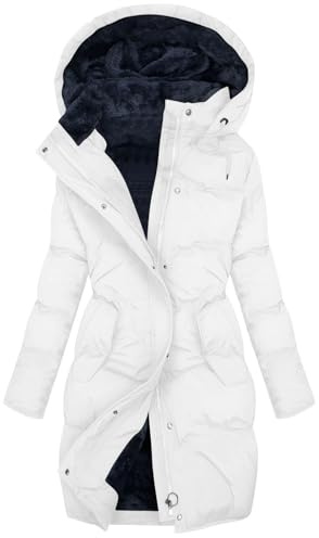 Generisch Abrigo de invierno para mujer, de talla grande, con forro polar sherpa, abrigo cálido de plumón con cremallera, chaqueta larga acolchada con capucha, Blanco, M