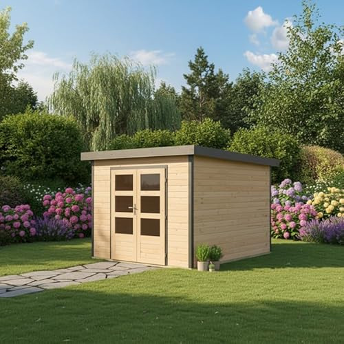 Karibu Pluto | Abri de Jardin Hybride Bois Épicéa Nordique et Acier Anthracite 7,34m² | Double Porte Vitrée, Toit Plat, Serrure à Cylindre | Résistant aux Intempéries et UV