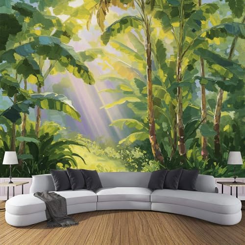Papier Peint Panoramique Lumière Soleil Reflète Sur Bananiers. - 300x210cm - Revêtement mural décoration salon - Peinture À L'Huile Jungle 3D Poster Geant pour Salon Chambre restaurant Vert Émeraude