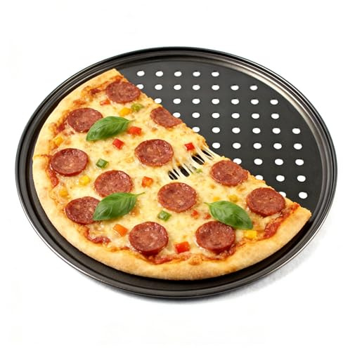 Buachois Plaque à Pizza Ronde Perforée Ø 28 cm en Acier Carbone Antiadhésif | Plat de Cuisson pour Pizza Croustillante et Tarte Flambée, Cuisson Homogène Résistante à La Chaleur pour Four et Congélateur
