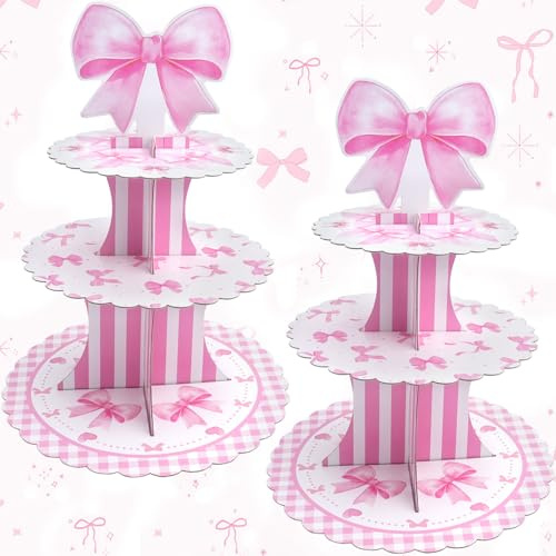 YGNNBC Soporte para cupcakes de 3 niveles, soporte de cartón rosa con lazo para exhibir postres, decoración de fiesta de cumpleaños, suministros para baby shower, fiesta temática de cumpleaños (niña