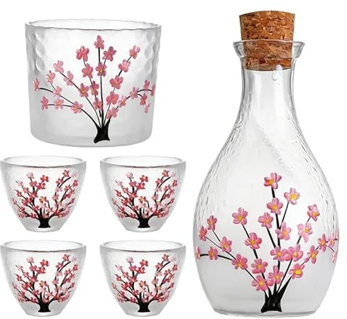 Nimblyne Lot de 6 sakés japonais : 1 bouteille de saké, 1 récipient à saké et 4 gobelets à saké en verre fait à la main avec des fleurs de cerisier rose