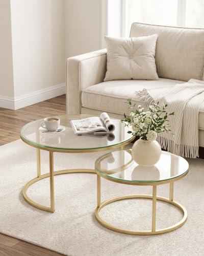 Amveya Juego de 2 Mesa Centro Salon Moderna con Cristal Transparente y Estructura Dorada Mesa de Centro Redonda Mesas Auxiliares Salón para Sofá, Coffee Table Interior y Exterior,80+60cm