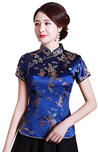Shanghai Story Chemise Chinoise Cheongsam à Manches Courtes pour Femme, Bleu, M