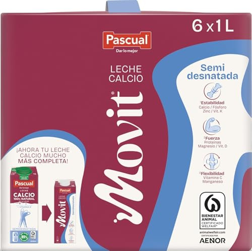 Leche Pascual - Leche Semidesnatada Pascual Movit con Calcio - Bienestar Animal - Pack 6 x 1L - Ideal para niños y adultos, Producto Natural y Saludable