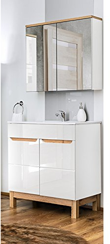 Lomadox Waschplatz Set Hochglanz weiß & Waschtischunterschrank Keramikwaschtisch und 60cm Spiegelschrank