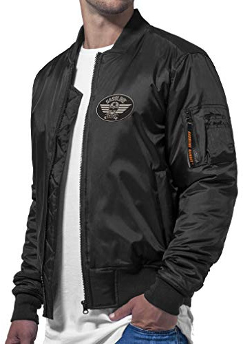 Gasoline Bandit Herren Bomberjacke schwarz Stick-Patch und orangen Innenfutter