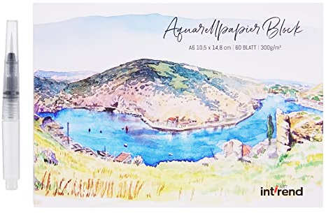 int!rend Aquarellpapier Postkartenformat A6 300g/m² - 60 Seiten Aquarell Papier Block mit Wassertankpinsel & Bleistift - Aquarell Postkarten Blanko - Aquarellblock Postkartenformat