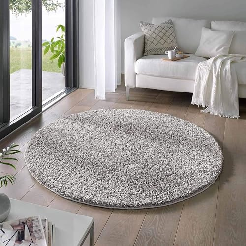 Taracarpet Shaggy Teppich Wohnzimmer Venezia Hochflor Langflor Teppiche modern Grau 120 cm rund