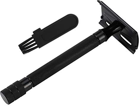 HEALLILY Rasierhobel Klassischer Aluminium Wiederverwendbar Sicherheitsrasierer Nassrasierer mit Reinigung Pinsel für Männer Frauen (Schwarz)
