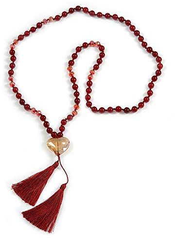 Avalaya Long collier avec pendentif en forme de cœur en verre, agate rouge bordeaux, 80 cm de long, 11 cm de long, taille unique, Verre