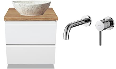 VBChome Badmöbel 50 cm Weiß Aufsatzwaschbecken Light Stone Matt 41x35 cm Unterputzarmaturen Chrom Aufsatzwaschbecken mit Unterschrank 2 Schubladen