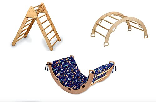 Montessori Kletterset mit Kletterdreieck & Kletterbogen | Kletterbogen mit Kissen | Holz Kletterbogen mit Kissen und Kletterdreieck | Klettergerüst Set mit Kissen (Jungle)